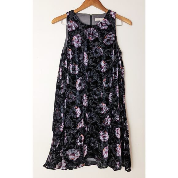LOFT Black & Silver Iced Floral Velvet Sleeveless Peplum Swing Dress Size Small - Picture 3 of 12